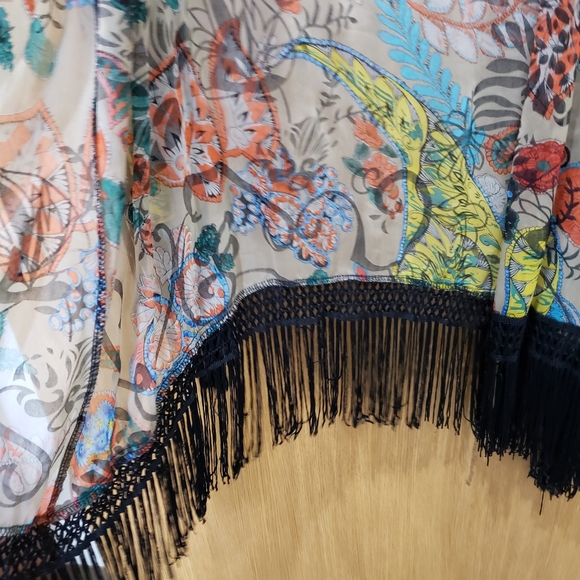 Sans Souci, tan orange green blue black kimono fringe cardigan, large - Picture 9 of 15